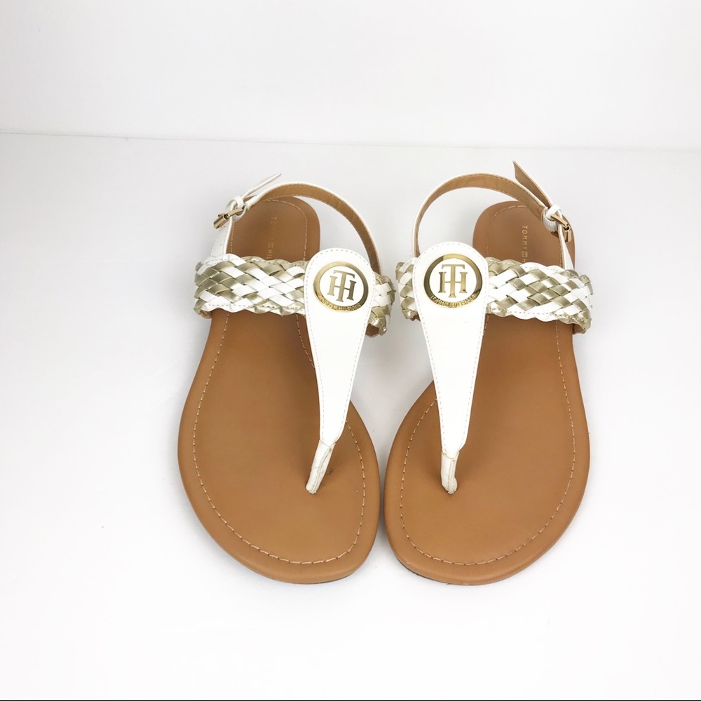 Tommy Hilfiger White and Tan Braided T-Strap Sandals